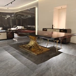 Molten Gold Pedestal Dining Table with Deep Red Burl Wood Top and Inlaid Motif